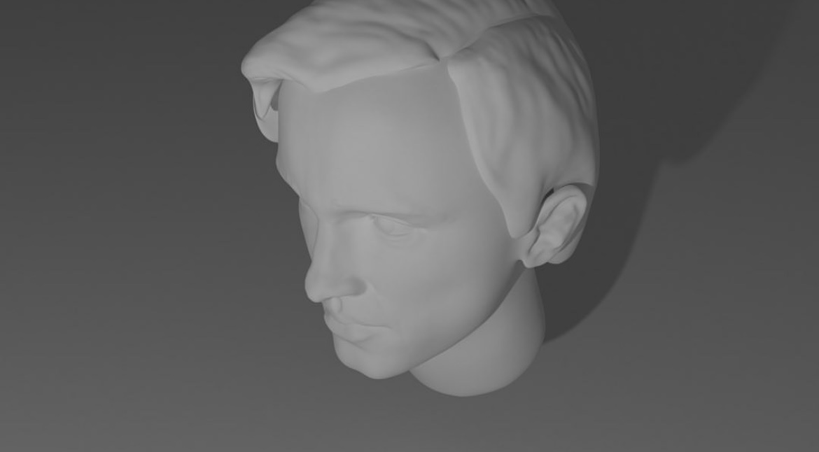 Male head sculpt, three-quarter view